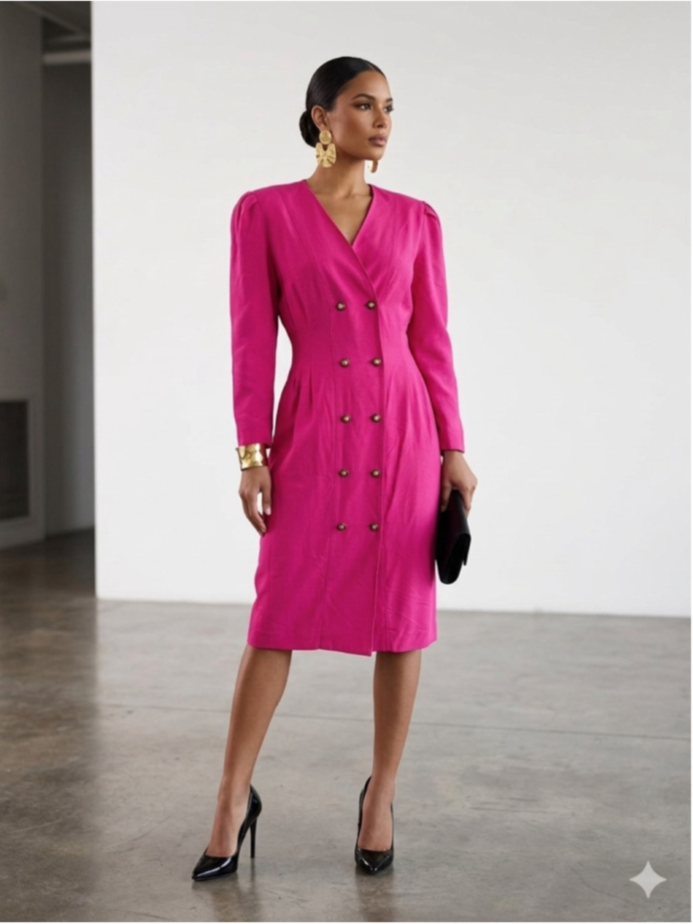 Vintage Robin K Hot Pink Double Breasted Dress 12 Faux Pearl 80s 90s Midi Wiggle